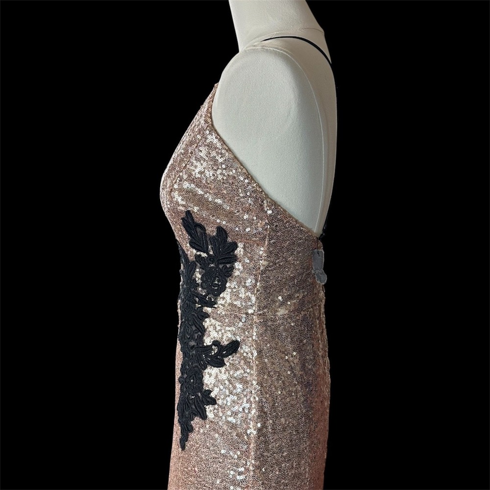 NWT Rose Gold Sequin Black Lace Applique Mini Dress V-Neck Open Back Prom M - Picture 5 of 11